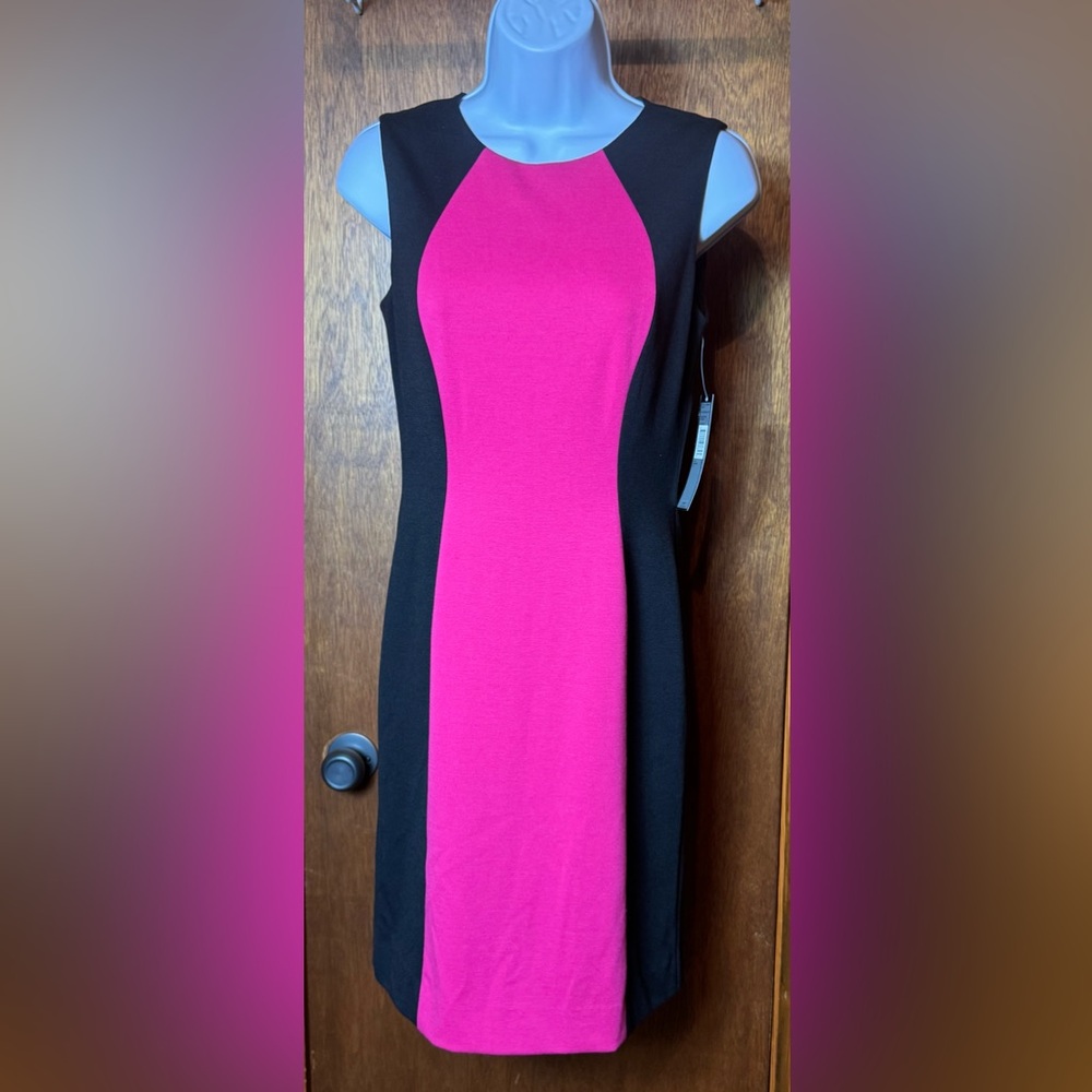 Tahari ASL Vibrant Pink‎ and Black Midi Dress - 2